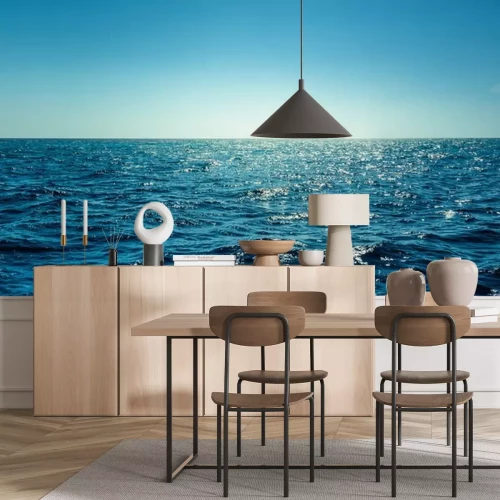 Fototapete Blue ocean panorama with sun reflection, The vast open sea with clear sky, Ripple wave and calm sea with beautiful sunlight