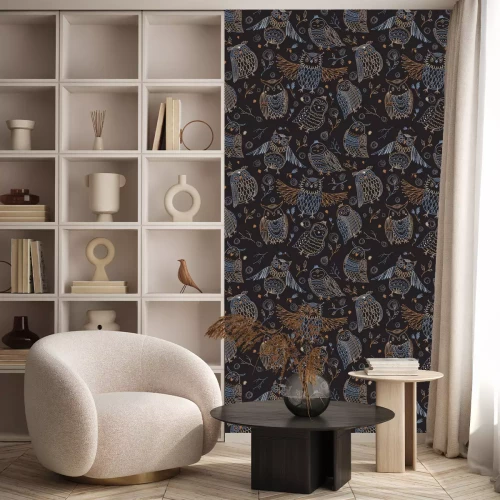 Tapete Bunte Eulen am Nachthimmel