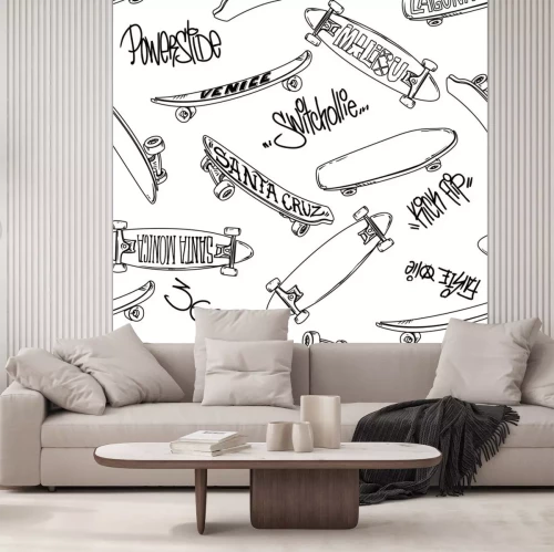 Sticker Nahtloses Muster mit Cartoon-Skateboarding und Graffiti-Inschrifttrick, Skate-Hintergrund