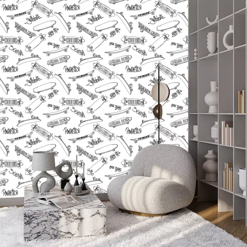 Tapete Nahtloses Muster mit Cartoon-Skateboarding und Graffiti-Inschrifttrick, Skate-Hintergrund