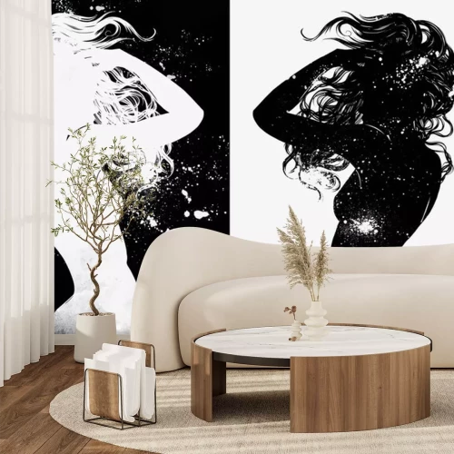 Sticker Dance alone in the universe. A young naked girl with long hair is dancing against stars and galaxies. Digital hand