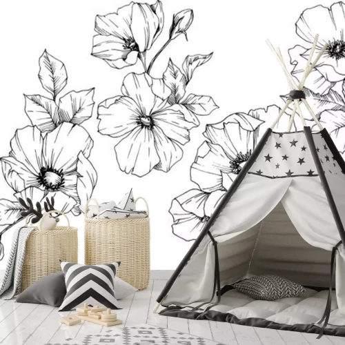 Sticker Hundsrose Blumen schwarz-weiße Skizzen