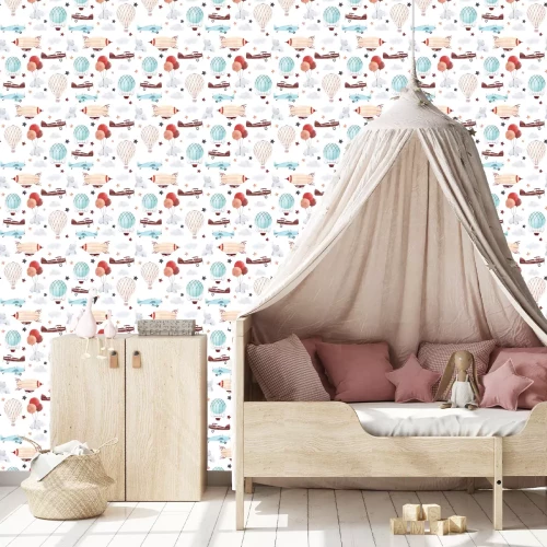 Tapete Fliegende Flugzeuge Luftballons und kleine Elefanten