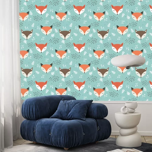 Tapete Schlafende Fuchsköpfe auf grünem Hintergrund