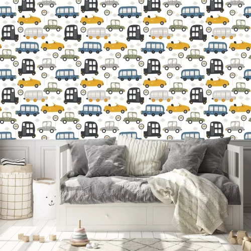 Tapete Nahtloses Muster mit lustigen Autos. Mode Kinder drucken. Vektor Hand gezeichnete Illustration