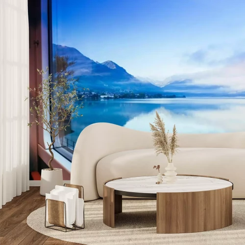 Fototapete See in der Schweiz Blick durch das Zugfenster