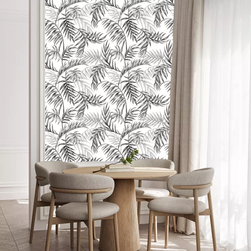 Tapete Seamless black and white pattern of palm leaves, tropical background, hand drawing