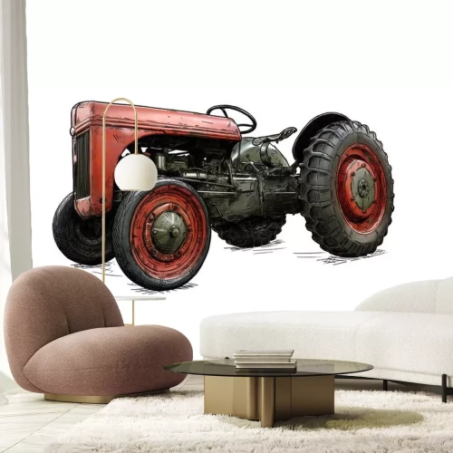 Sticker Old vintage red tractor illustration in cartoon or comic style. Tractor was made in Dearborn, Michigan, United States or USA from 1939 to 1942 or 30's to 40's.