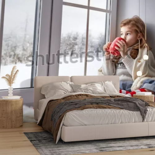 Fototapete Kind mit Becher am Fenster