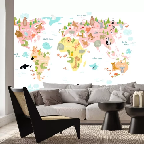 Fototapete Illustrierte Weltkarte mit Kontinenten und Tieren