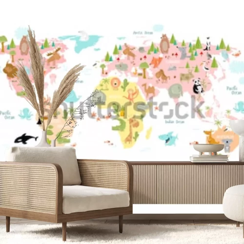 Fototapete Illustrierte Weltkarte mit Kontinenten und Tieren