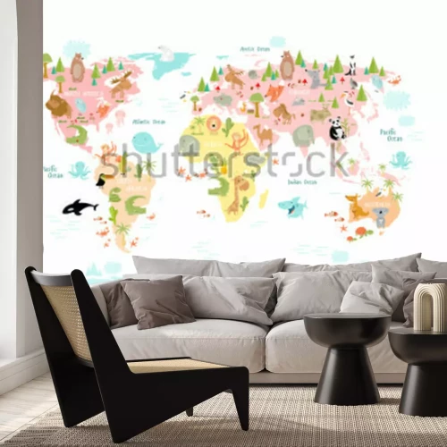 Sticker Illustrierte Weltkarte mit Kontinenten und Tieren