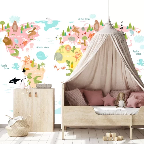 Fototapete Illustrierte Weltkarte mit Kontinenten und Tieren