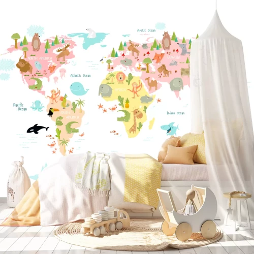 Sticker Illustrierte Weltkarte mit Kontinenten und Tieren