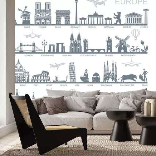 Sticker Collection of Europe detailed silhouettes. Set Travel Landmarks. vector illustration