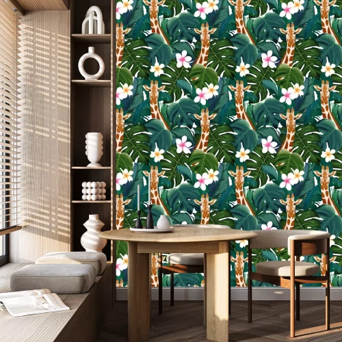 Tapete Giraffen zwischen tropischen Blättern und Blumen