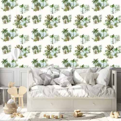 Tapete Nahtloses Muster mit exotischen Bäumen wie uns Palme und Banane auf Landschaft. Vintage Vintage Tapete