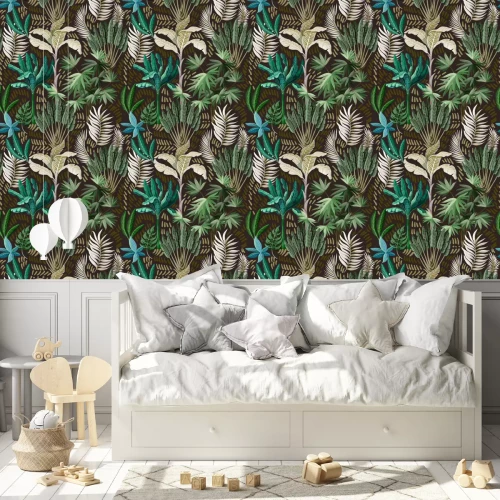 Tapete Nahtloses Muster mit exotischen Bäumen wie Palme und Banane. Vintage Vintage Tapete