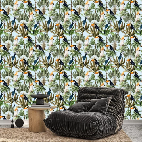 Tapete Vintage-Motiv mit exotischen Papageien und Blättern