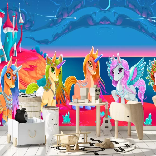 Fototapete Bunte Pegasi am Schloss