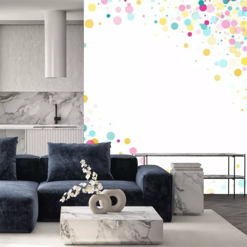 Sticker Memphis round confetti festive background in cyan blue, pink and yellow. Childish pattern vector.