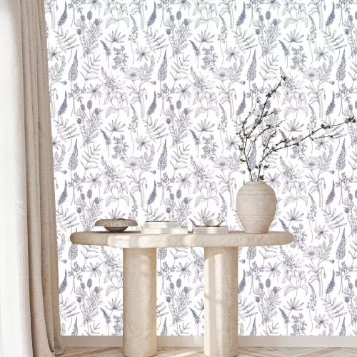 Tapete Gezeichnete Wildblumen auf weißem Hintergrund