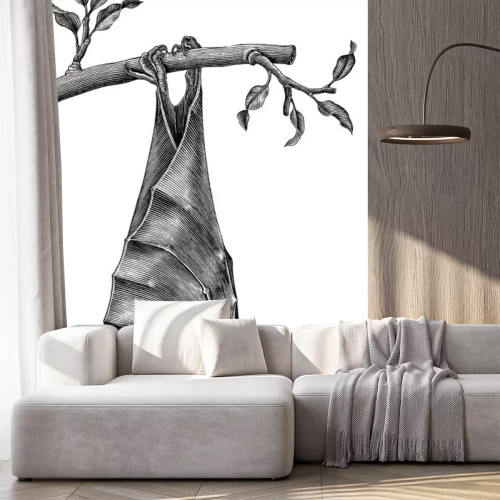 Sticker Schwarz-weiße Zeichnung mit hängender Fledermaus