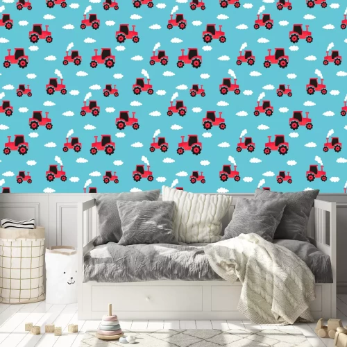 Tapete Seamless hand drawn red tractor pattern for kids design.