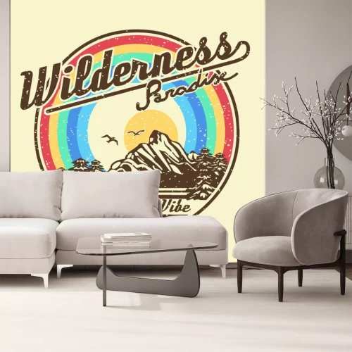 Sticker Lettering of California, sport and explore. Trees and rainbow on travel. Cactus and sun on stamp. Tropical adventure t shirt for other forest expedition. Vector illustration.