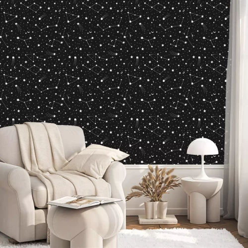Tapete Vector hand drawn night sky doodle seamless pattern with space stars, planets, comets.