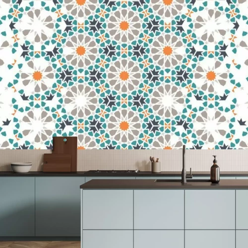 Sticker Tile repeating vector border. Geometric halftone pattern with colorful arabesque disintegration