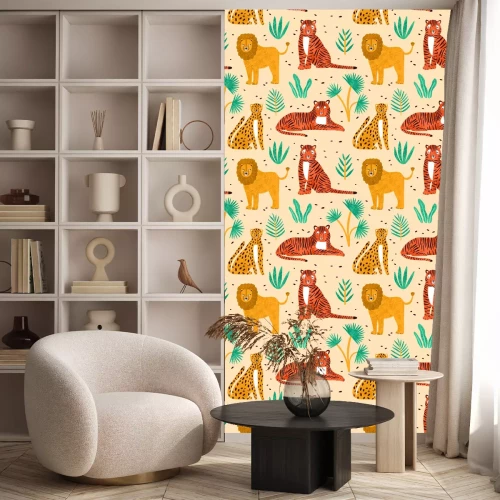 Tapete Trendy seamless pattern with hand drawn lions, tigers, leopards and leaves of tropical plants on light background. Backdrop with cute wild exotic predators. Colorful vector illustration in flat style.