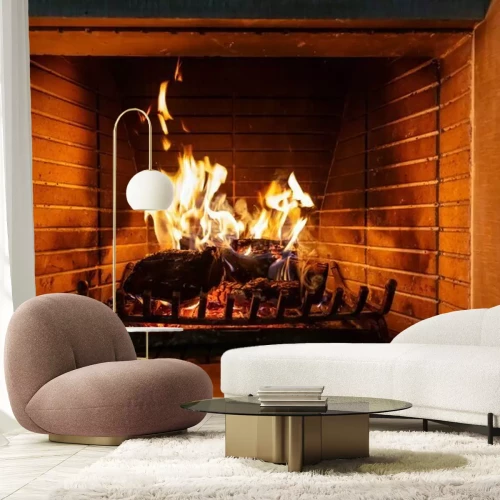 Fototapete Brennendes Holz im Kamin Nachbildung einer Feuerstelle