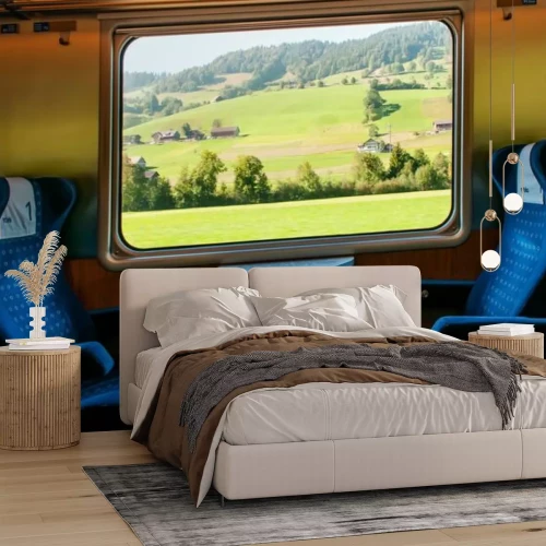 Fototapete Blick aus dem Fenster auf eine schöne Schweizer Landschaft