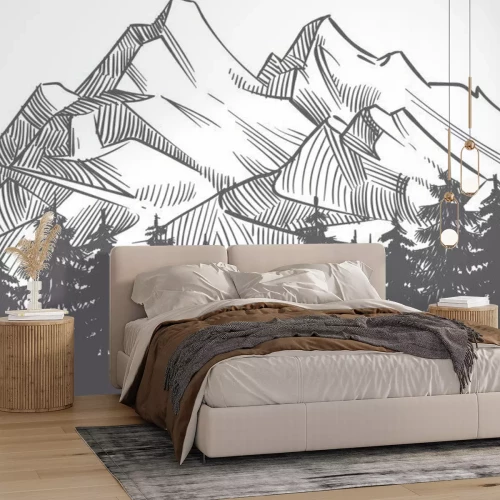 Sticker Zeichnung schwarz-weißer Wald auf dem Hintergrund der Berge