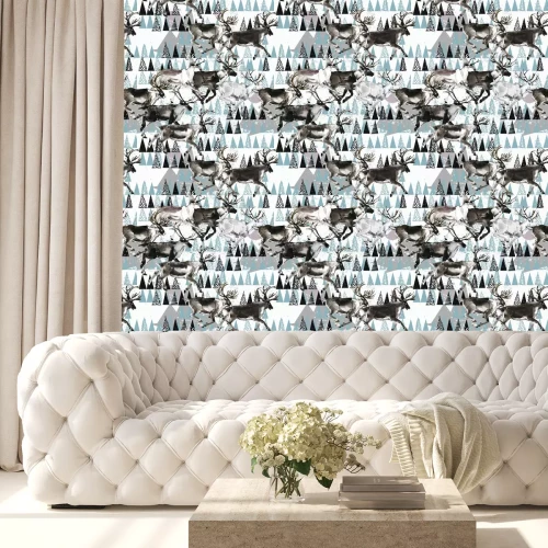 Tapete nahtloser Winterhintergrund. Hirsch. Arktisches Muster. Polare Naturaquarellillustration. Nordische Tierwelt. wildes Tier. Rentier