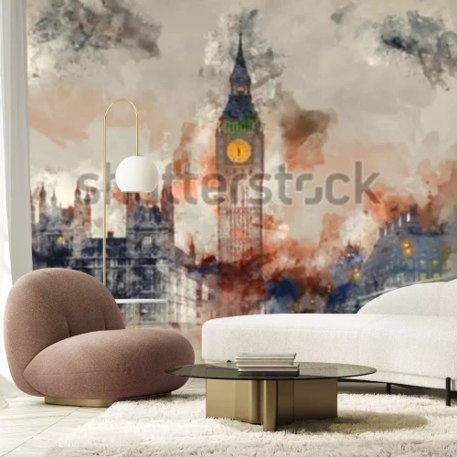 Fototapete Aquarell London mit Big Ben und Parlament