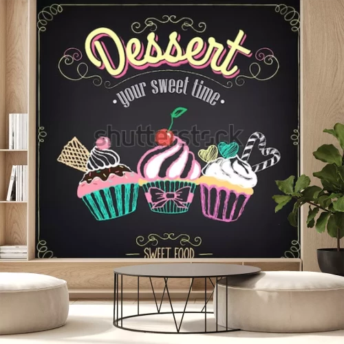 Sticker Weinlesekarte Desserts mit Cupcakes. Bäckerei-Menü. Kreiden, Freihandzeichnen