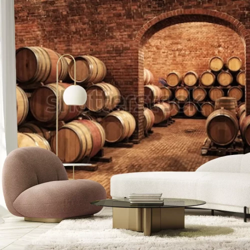 Fototapete Weinberg aus Stein mit Fässern