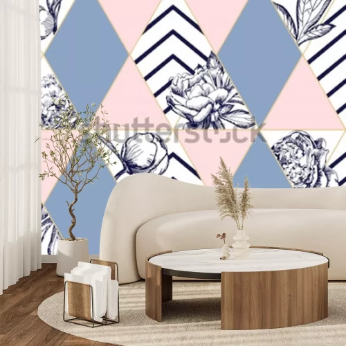 Fototapete Geometrisches Muster mit Pfingstrosen