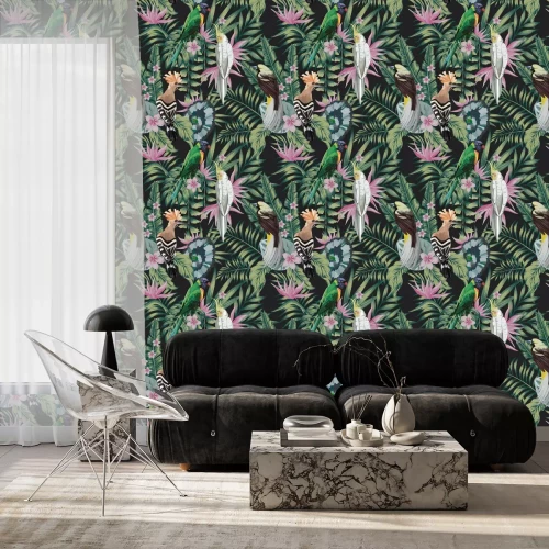 Tapete Exotische Vögel zwischen tropischen Blättern