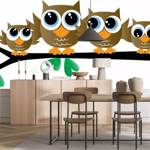Sticker a cute owl family sitting on a branch header or banner