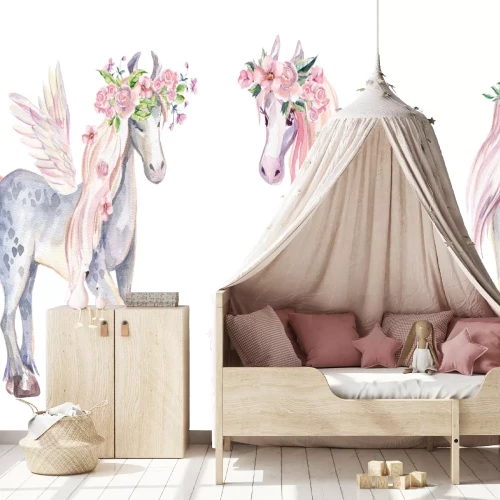 Sticker Einhornpferd und Pegasus mit Blumen verziert