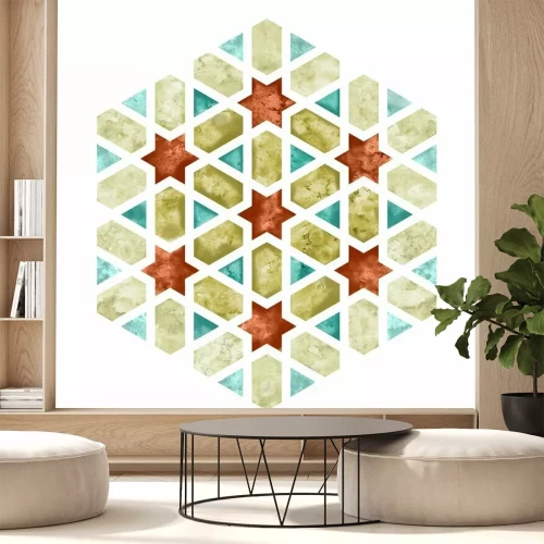 Sticker Arabesque watercolour tile element. Hexagonal geometry emblem or sign with pale edge for cloth and bag design