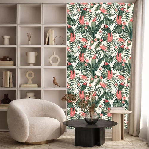 Tapete Rotgrüne Vögel und tropische Blumen