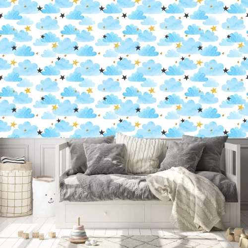 Tapete Seamless vector blue watercolor clouds and stars pattern. 