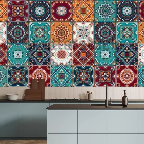 Sticker Talavera-Muster. Indisches Patchwork. Azulejos Portugal. Türkische Verzierung Marokkanisches Fliesenmosaik. Keramikgeschirr, Folk-Print. Spanische Keramik Ethnischer Hintergrund. Mediterrane nahtlose 