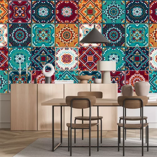 Sticker Talavera-Muster. Indisches Patchwork. Azulejos Portugal. Türkische Verzierung Marokkanisches Fliesenmosaik. Keramikgeschirr, Folk-Print. Spanische Keramik Ethnischer Hintergrund. Mediterrane nahtlose 