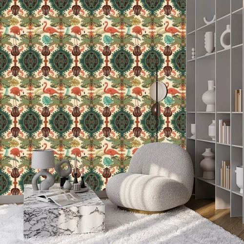 Tapete Nahtloses arabisches Muster. Ethnische Ziertapete. Bunter dekorativer Hintergrund mit Ornamenten, Pflanzen und Flamingos. Design für Textil, Stoff, Web, Geschenkpapier