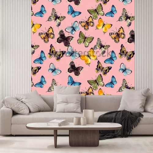 Sticker Verschiedenfarbige Schmetterlinge auf rosa Hintergrund
